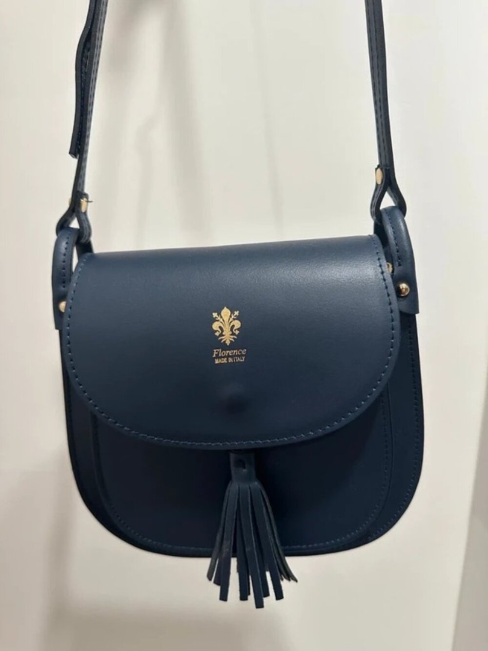 Florence Made in Italy Navy Blue Leather Tassel Crossbody Saddle Bag
